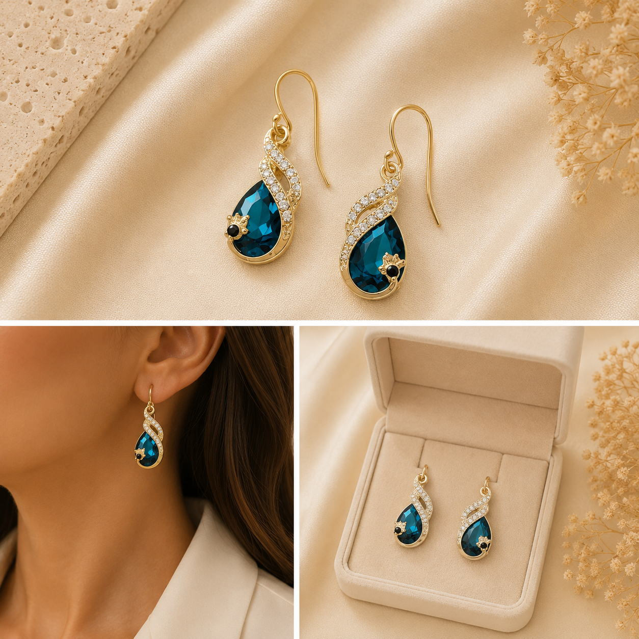 Gold Sapphire Crystal Drop Earrings