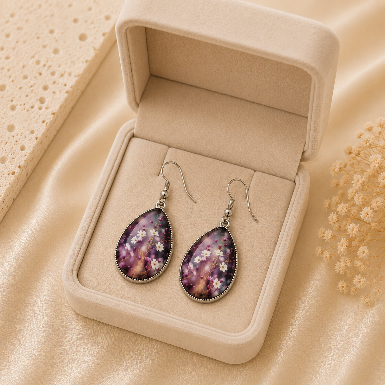 Purple Floral Teardrop Drop Earrings