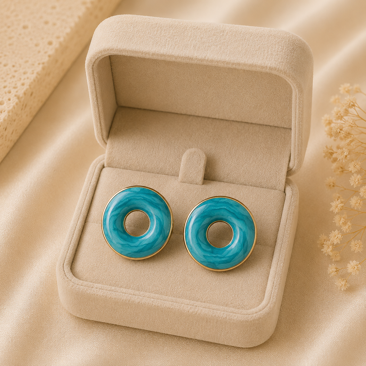 Gold Turquoise Circle Stud Earrings
