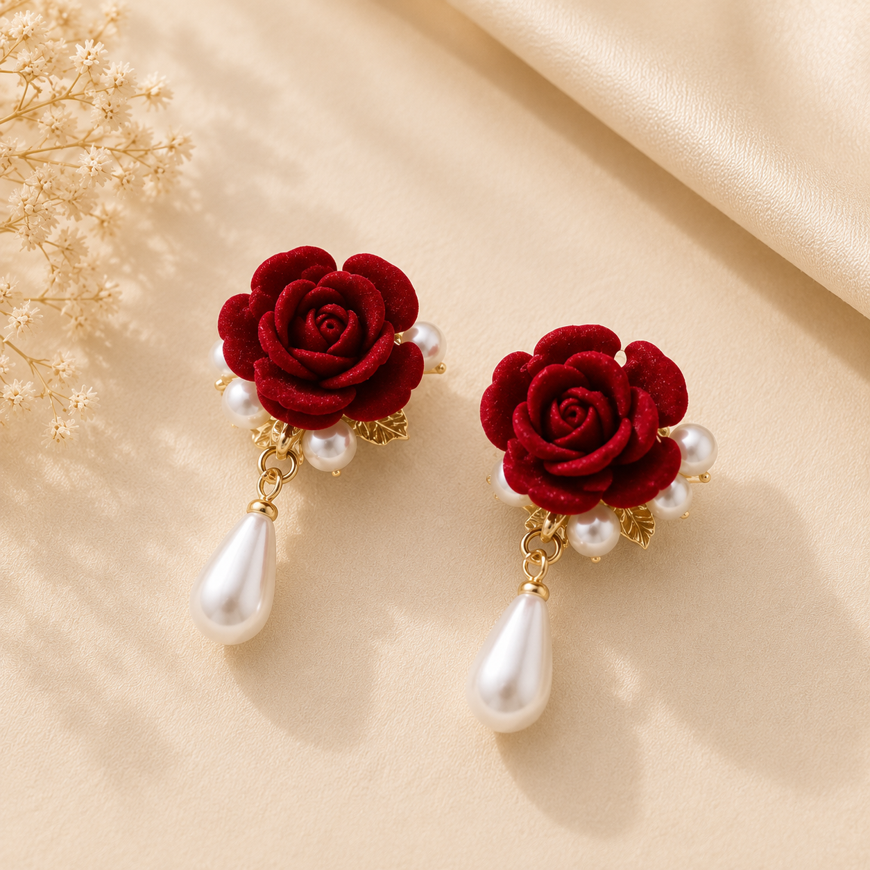 Gold Red Rose Pearl Drop Earrings