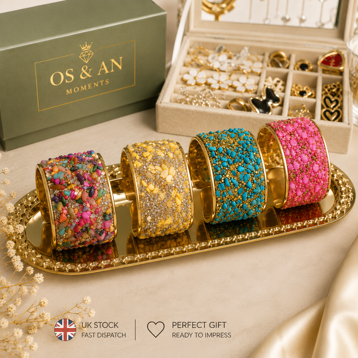 Luxury Stone Cuff Bracelet | Statement Wide Bangle | UK Stock