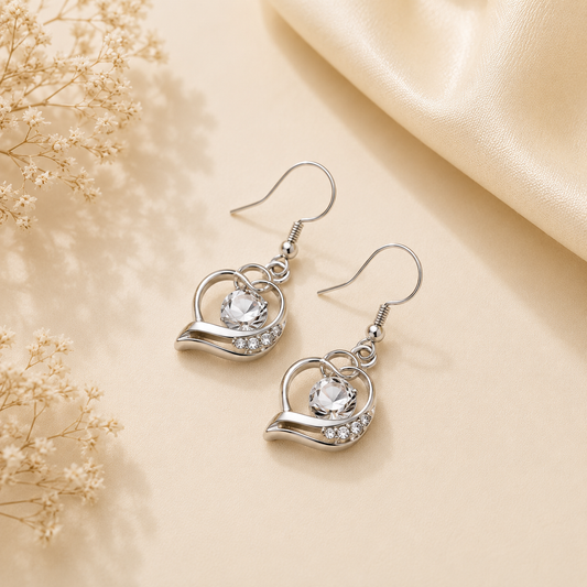 Silver Crystal Heart Drop Earrings