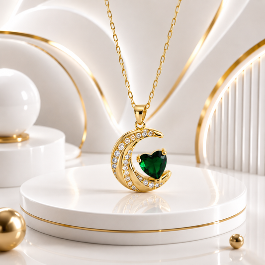 Emerald Moon & Heart Necklace