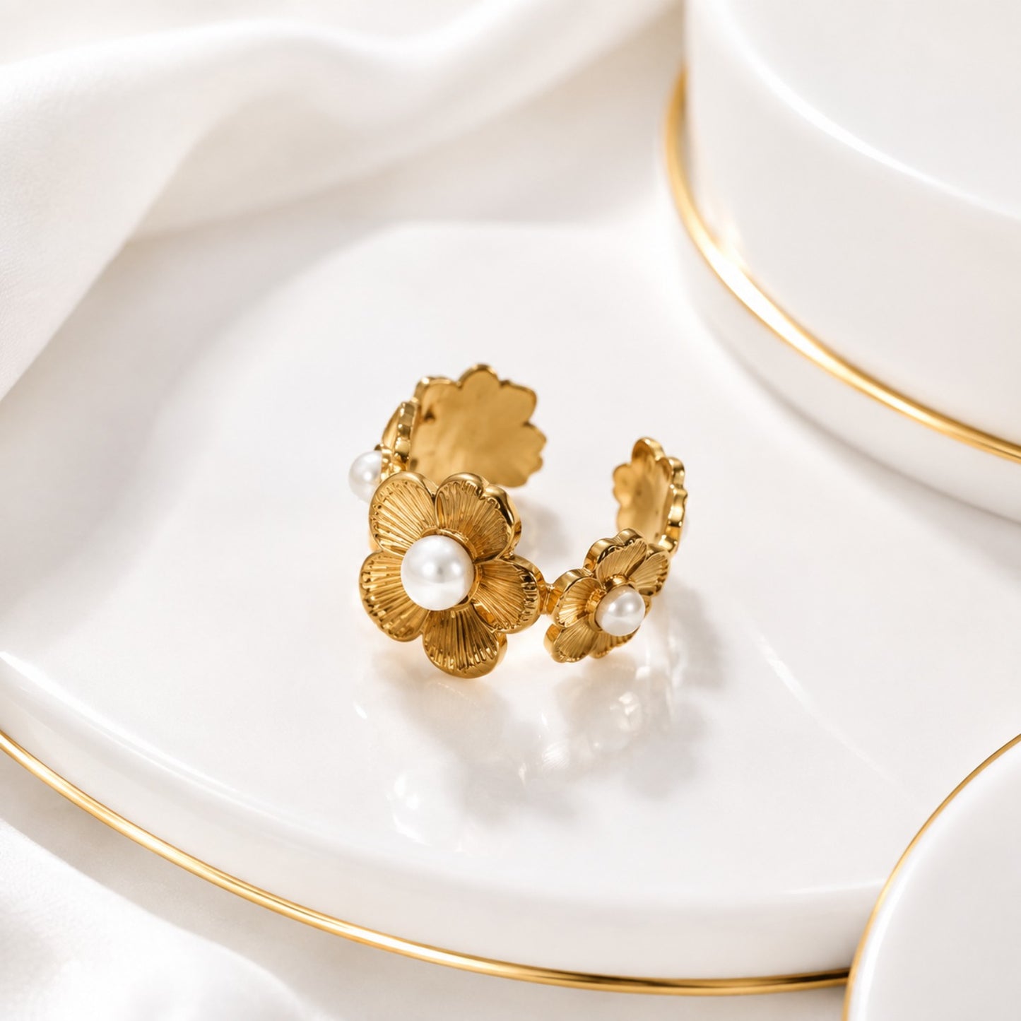 Golden Pearl Flower Ring