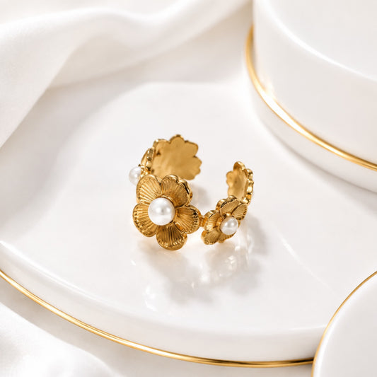 Golden Pearl Flower Ring