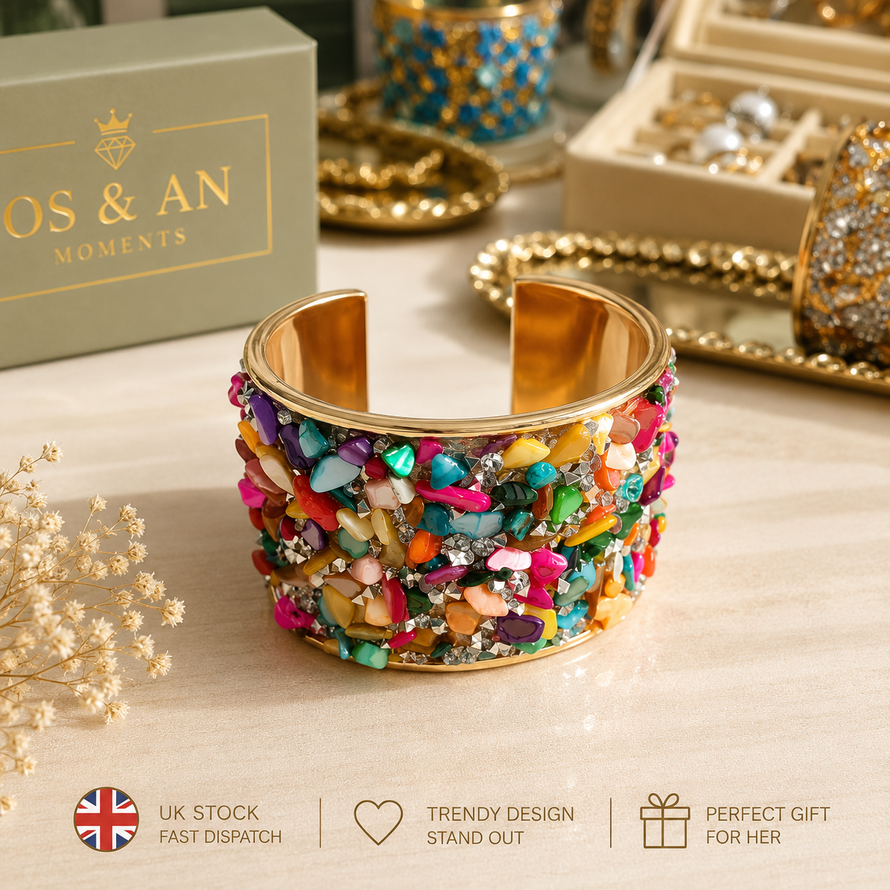 Luxury Stone Cuff Bracelet | Statement Wide Bangle | UK Stock