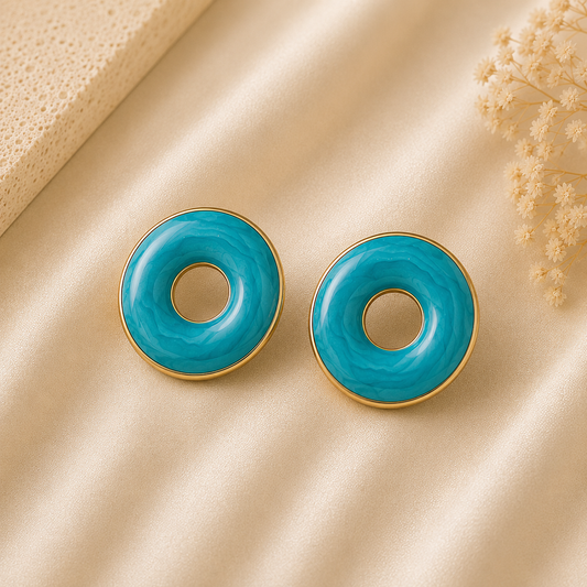 Gold Turquoise Circle Stud Earrings
