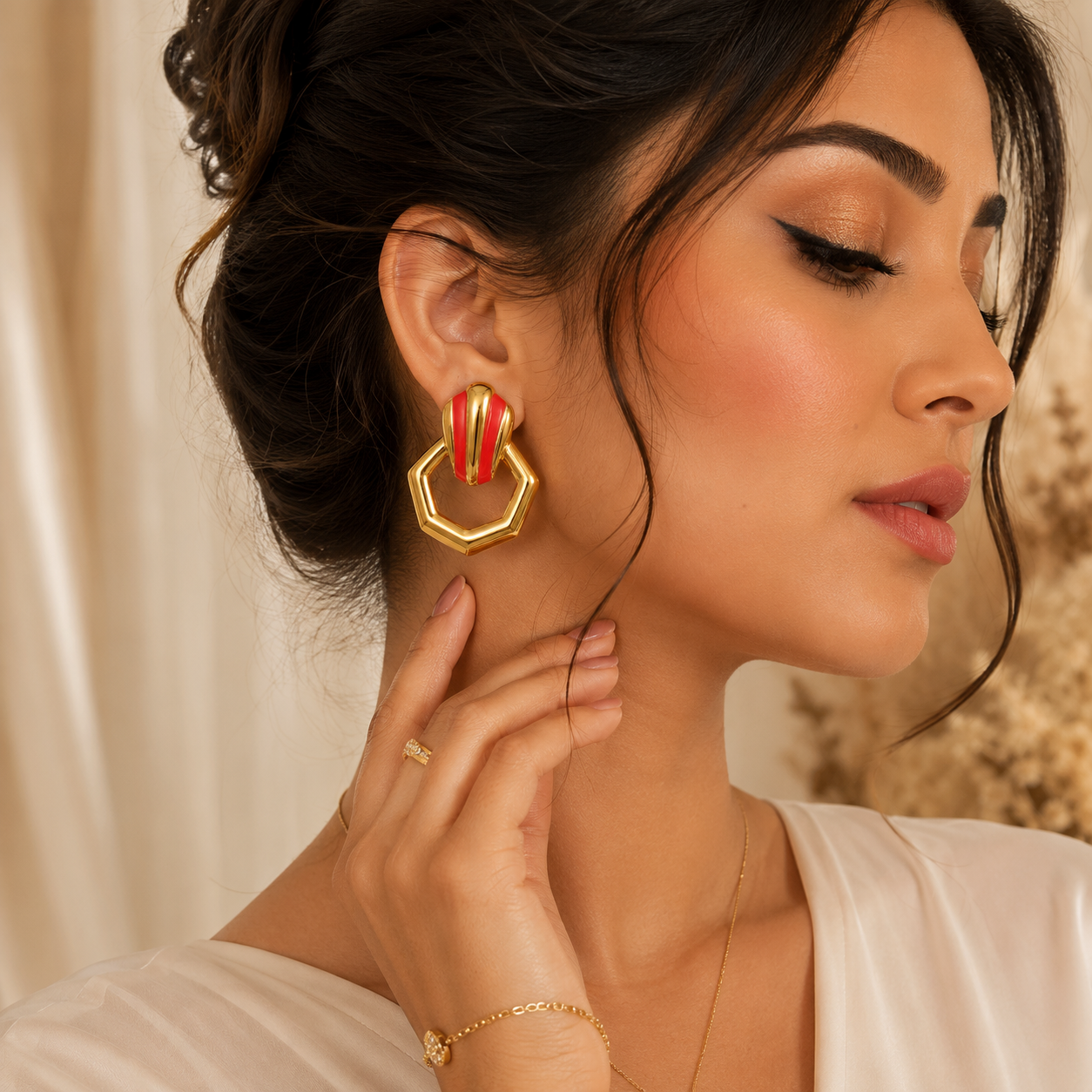 Gold Red Geometric Drop Earrings