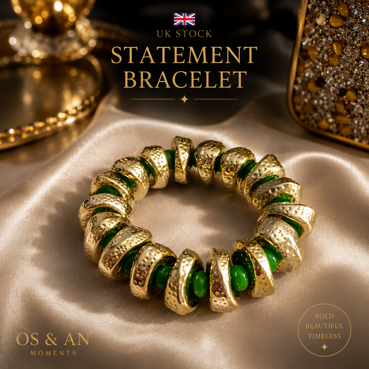 Luxury Statement Beaded Bracelet | Gold Cuff | UK Stock