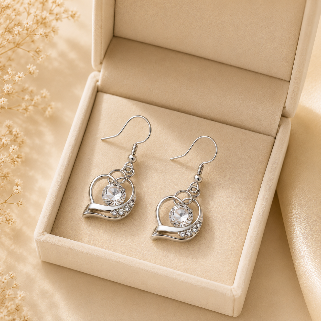 Silver Crystal Heart Drop Earrings