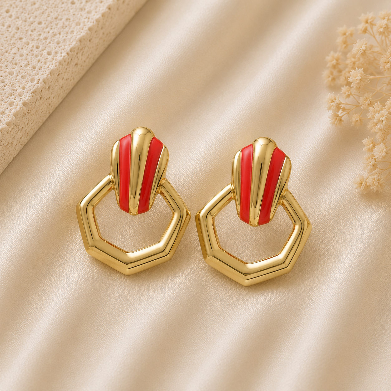 Gold Red Geometric Drop Earrings