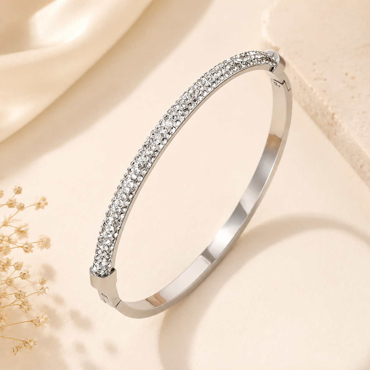 Silver Titanium Steel Crystal Bangle Bracelet