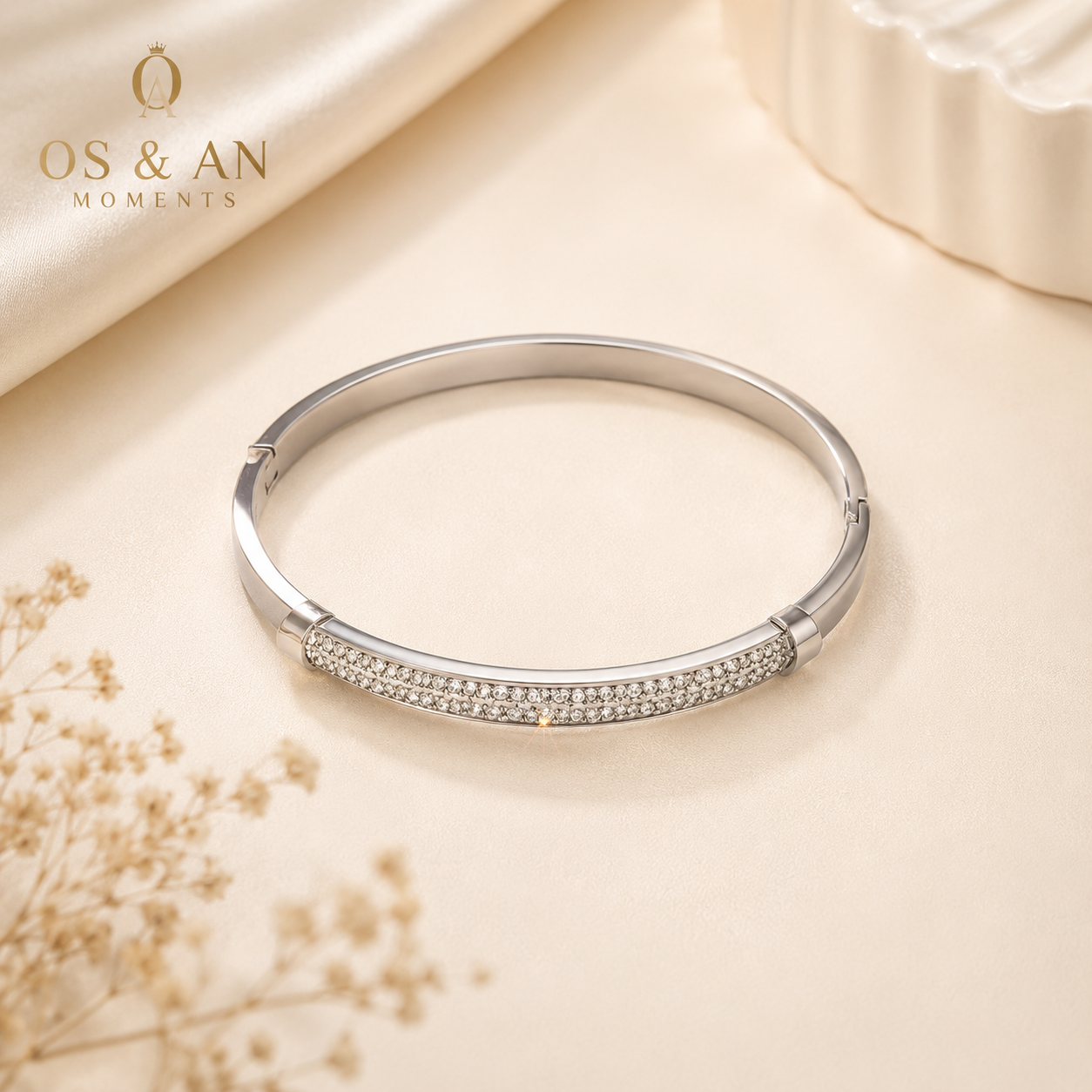 Silver Titanium Steel Crystal Bangle Bracelet