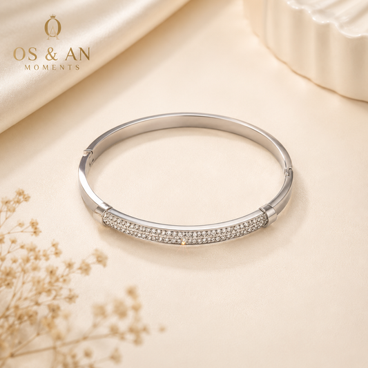 Silver Titanium Steel Crystal Bangle Bracelet