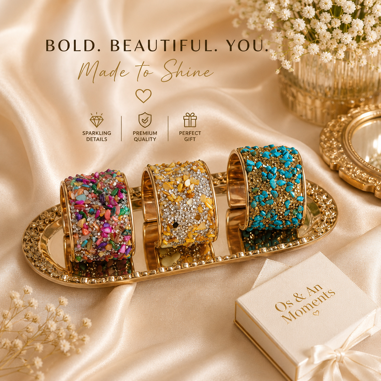 Luxury Stone Cuff Bracelet | Statement Wide Bangle | UK Stock