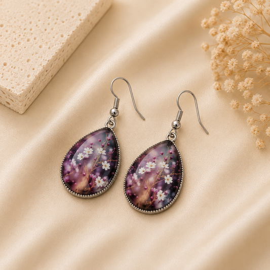 Purple Floral Teardrop Drop Earrings