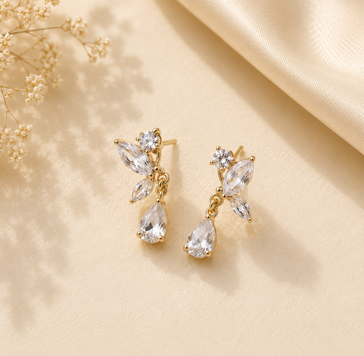 Gold Crystal Leaf Drop Earrings
