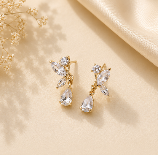 Gold Crystal Leaf Drop Earrings