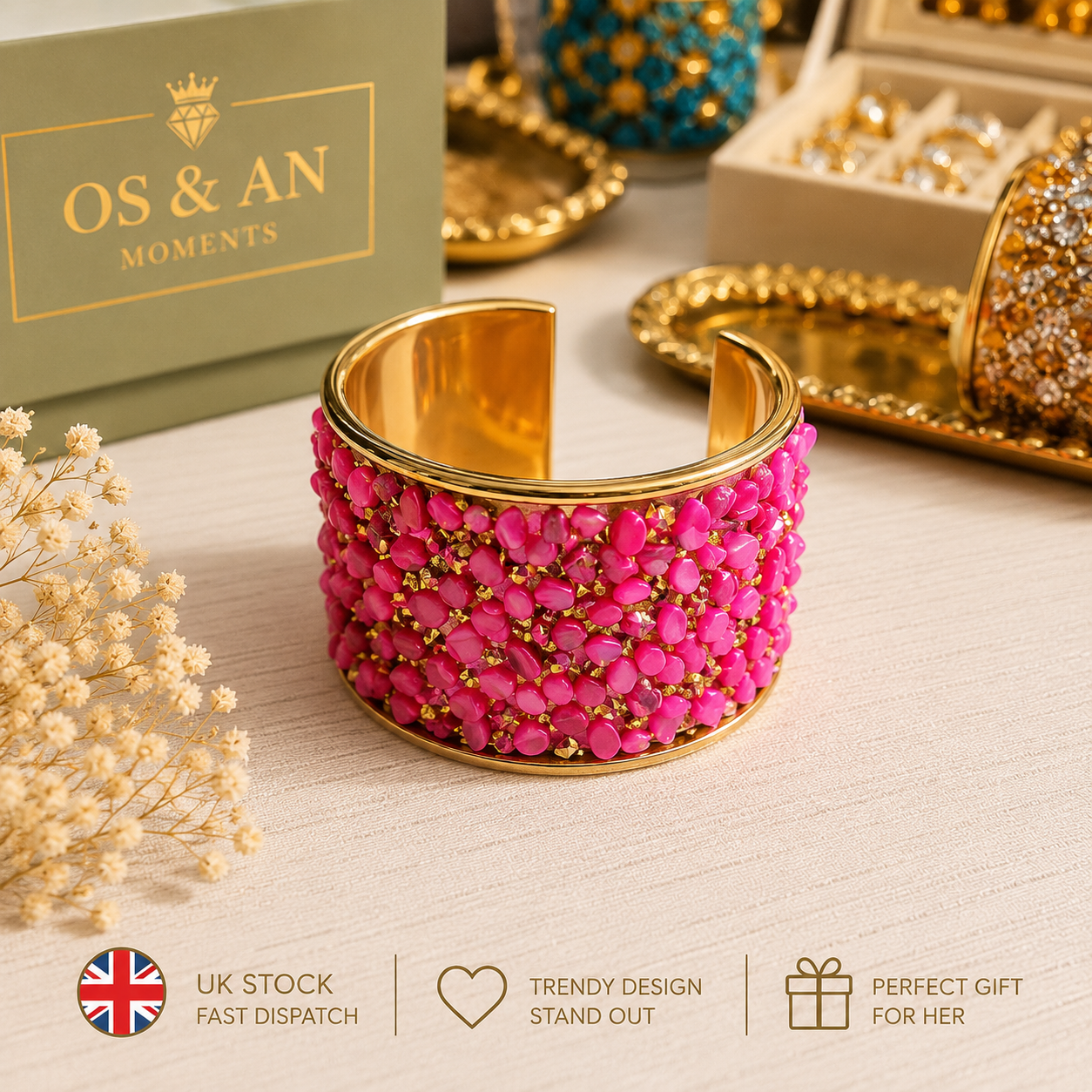 Luxury Stone Cuff Bracelet | Statement Wide Bangle | UK Stock