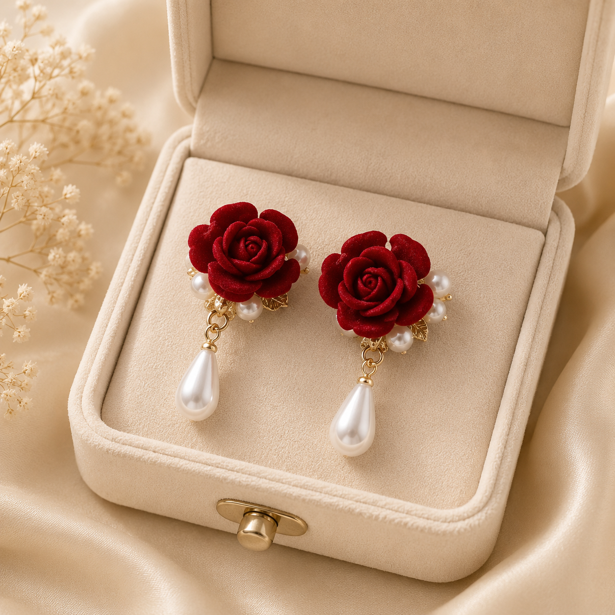 Gold Red Rose Pearl Drop Earrings
