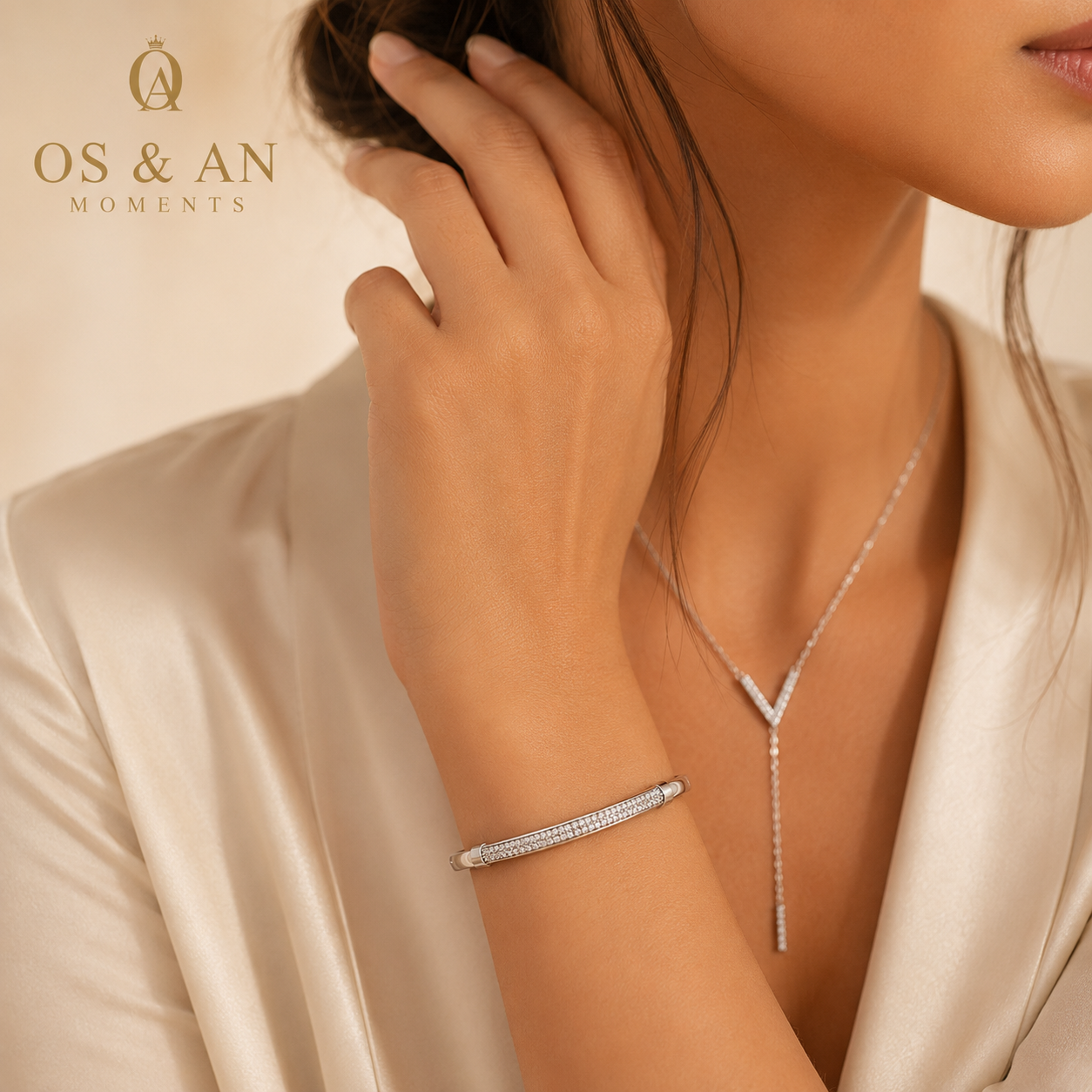 Silver Crystal V Drop Necklace