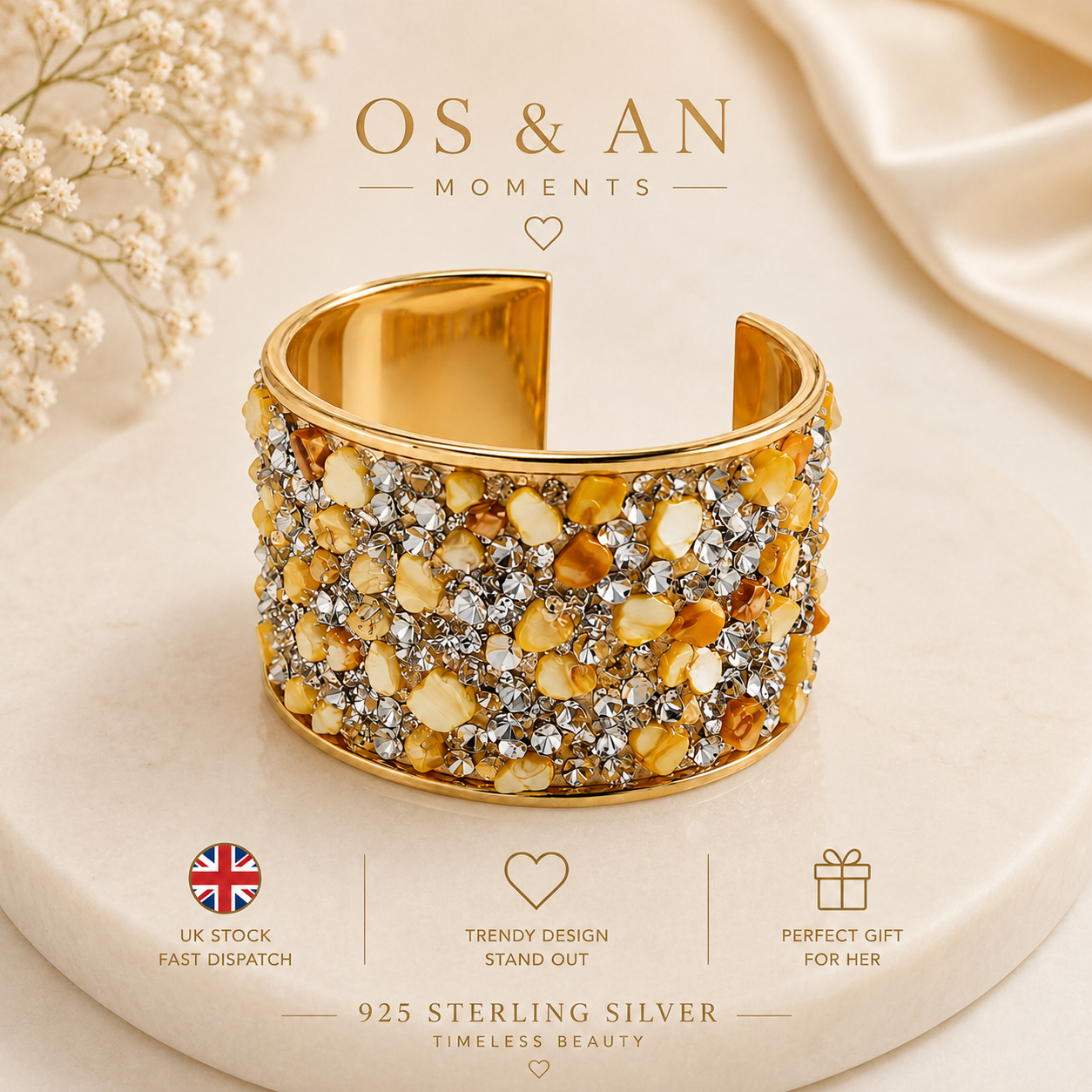Luxury Stone Cuff Bracelet | Statement Wide Bangle | UK Stock