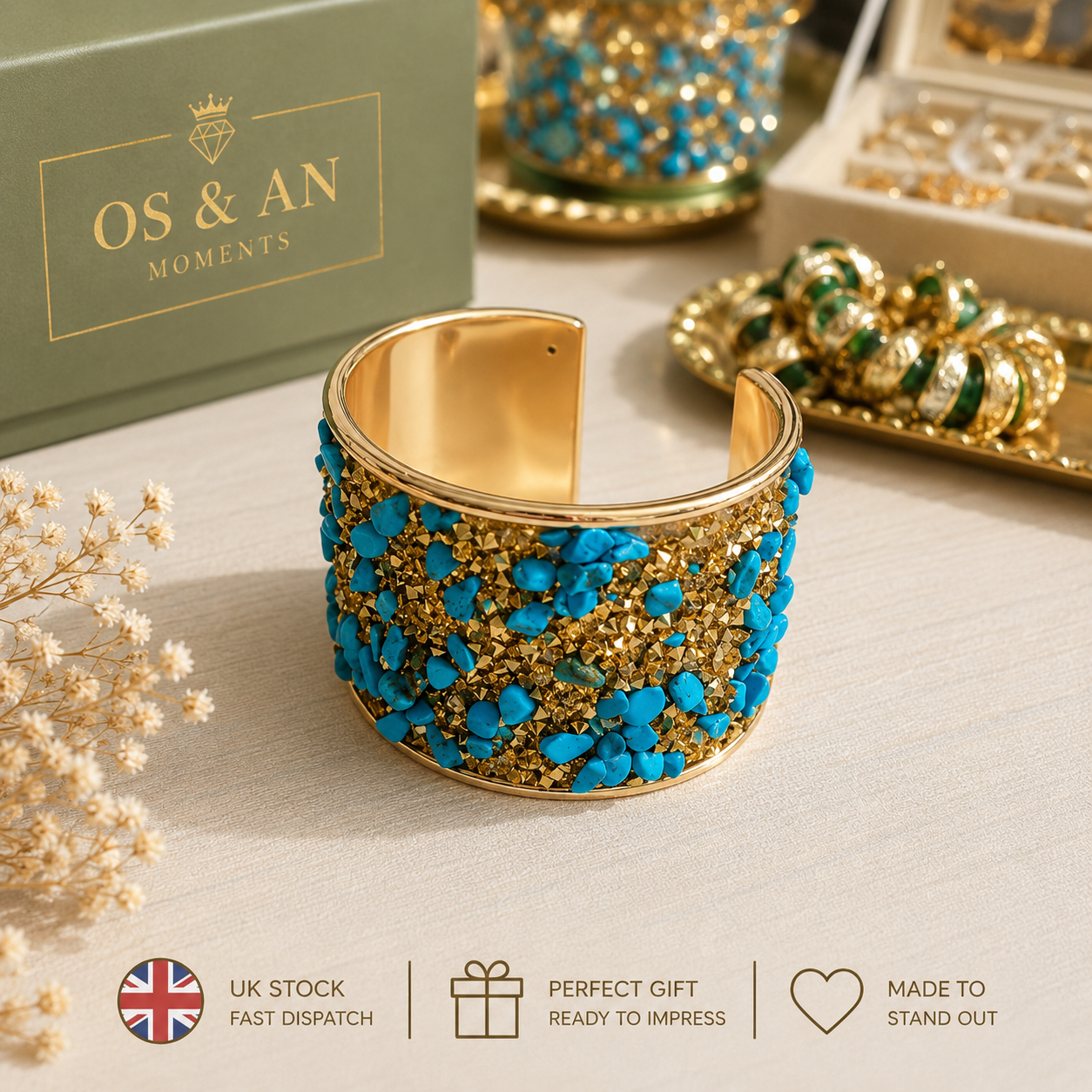 Luxury Stone Cuff Bracelet | Statement Wide Bangle | UK Stock
