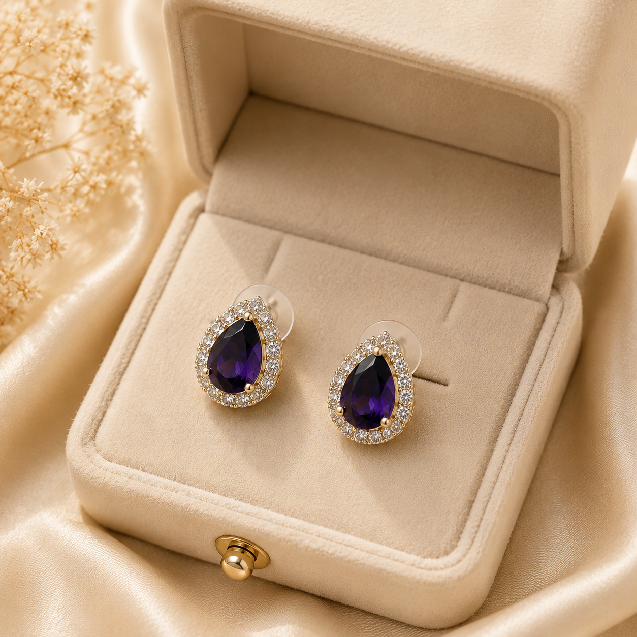 Gold Purple Crystal Stud Earrings