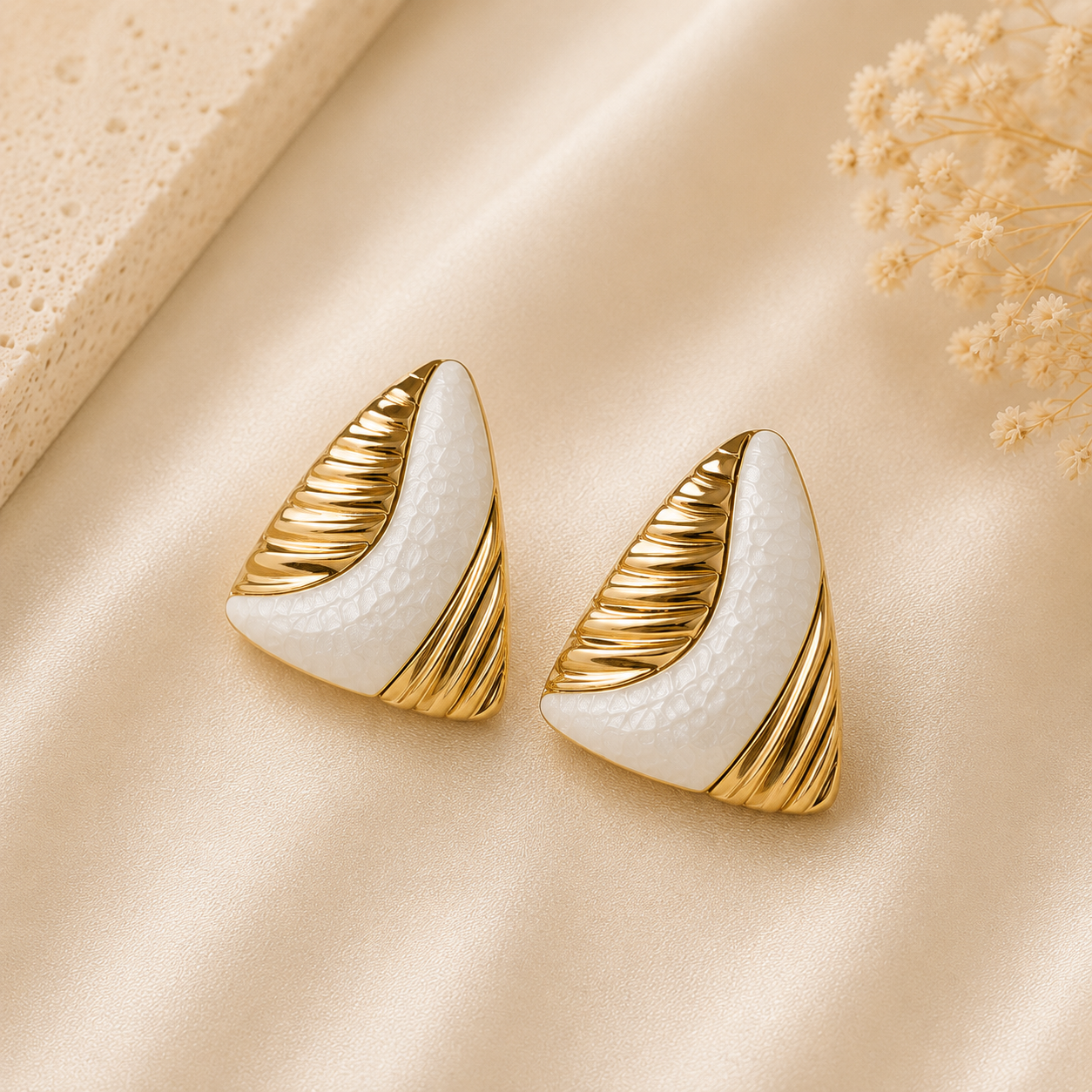 Gold White Geometric Stud Earrings