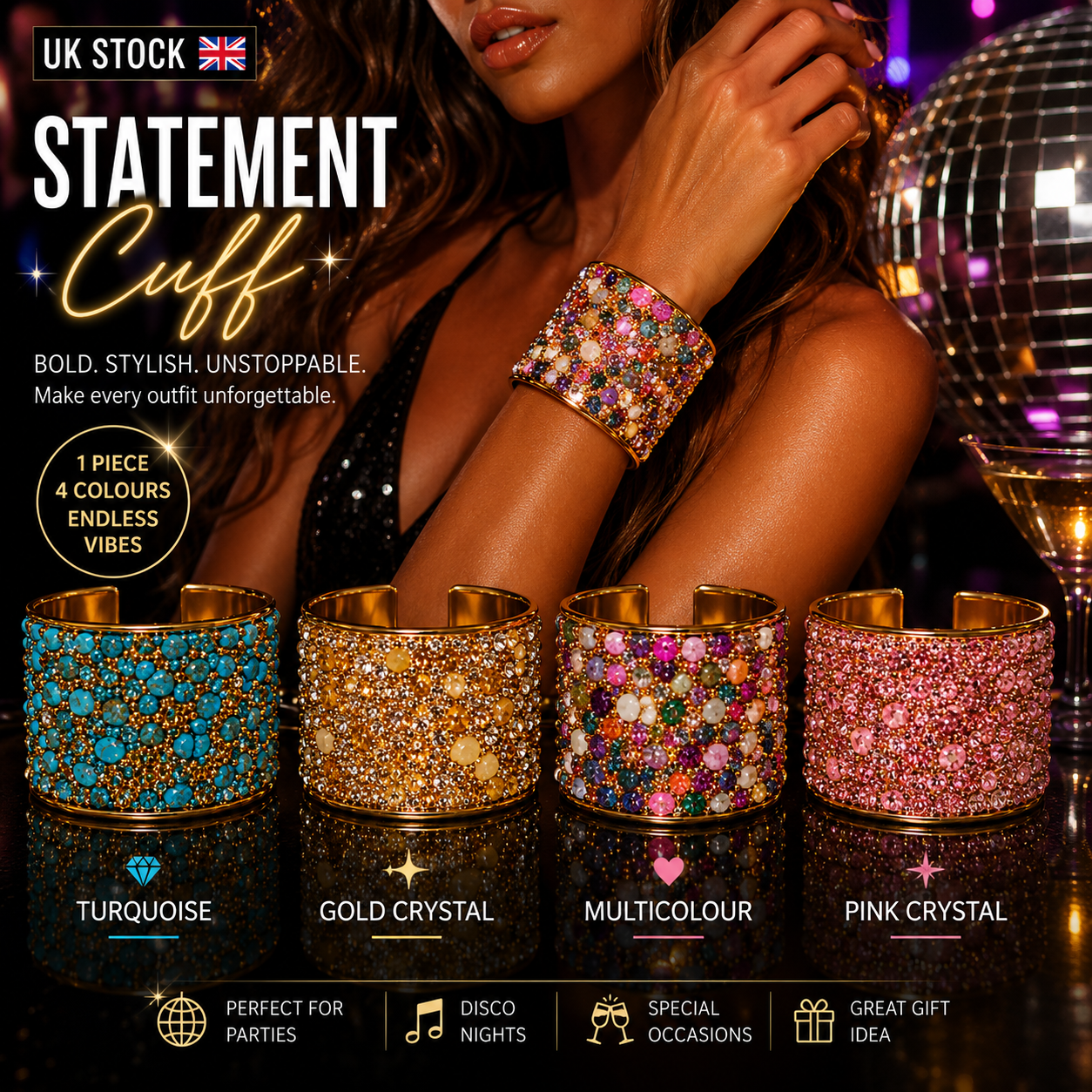 Luxury Stone Cuff Bracelet | Statement Wide Bangle | UK Stock