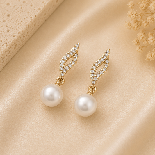 Gold Pearl Crystal Drop Earrings