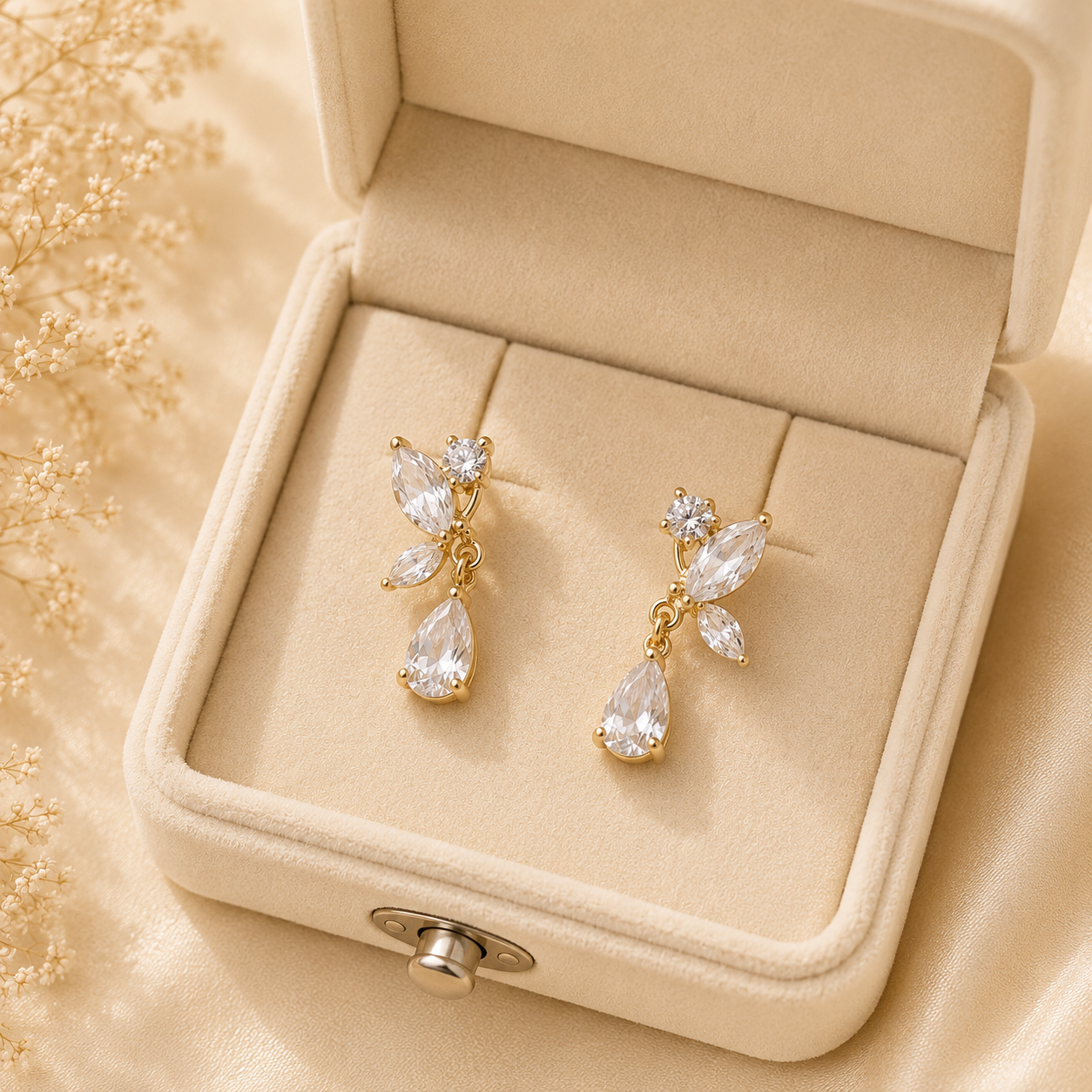 Gold Crystal Leaf Drop Earrings