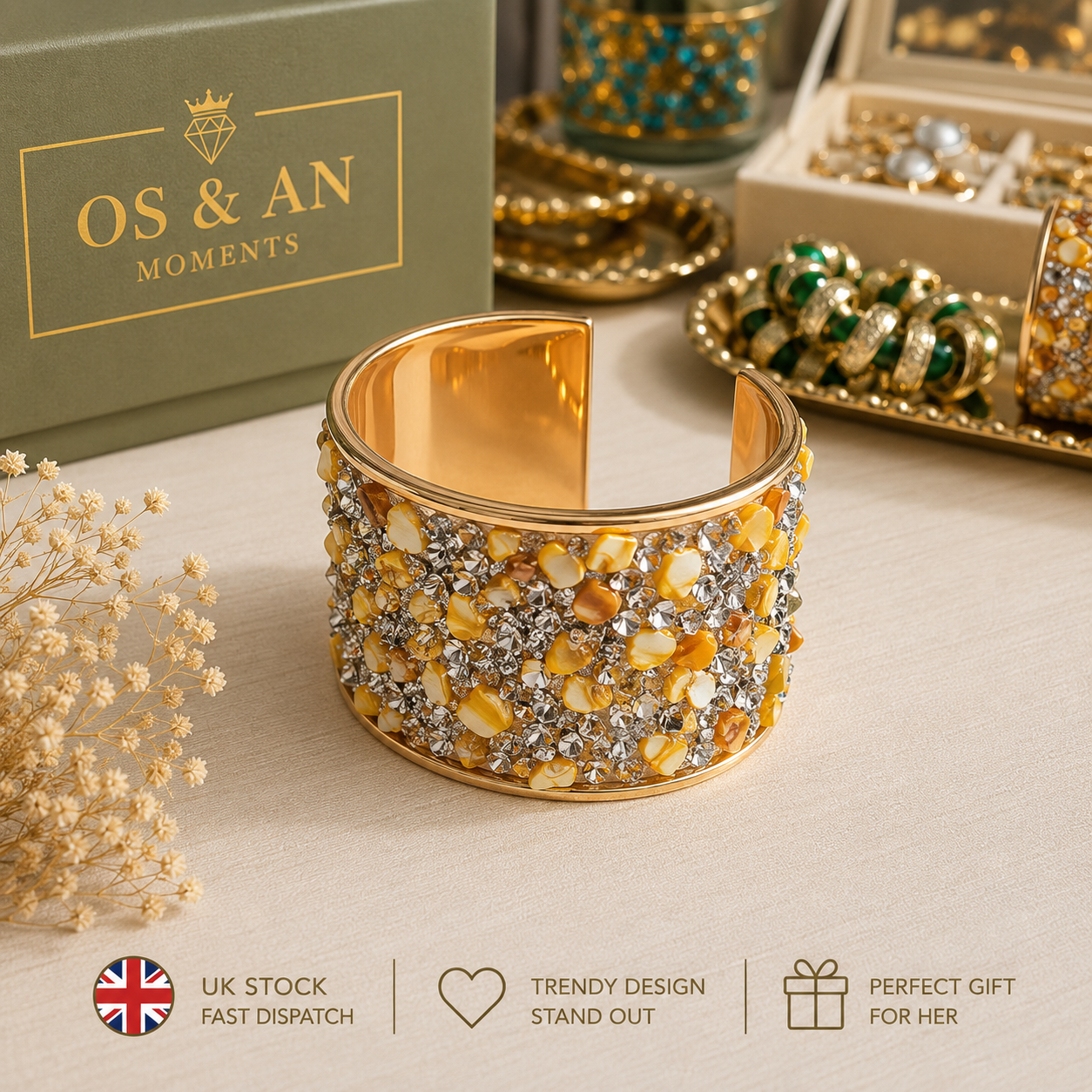 Luxury Stone Cuff Bracelet | Statement Wide Bangle | UK Stock