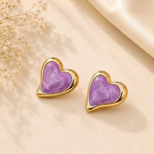 Gold Purple Heart Stud Earrings