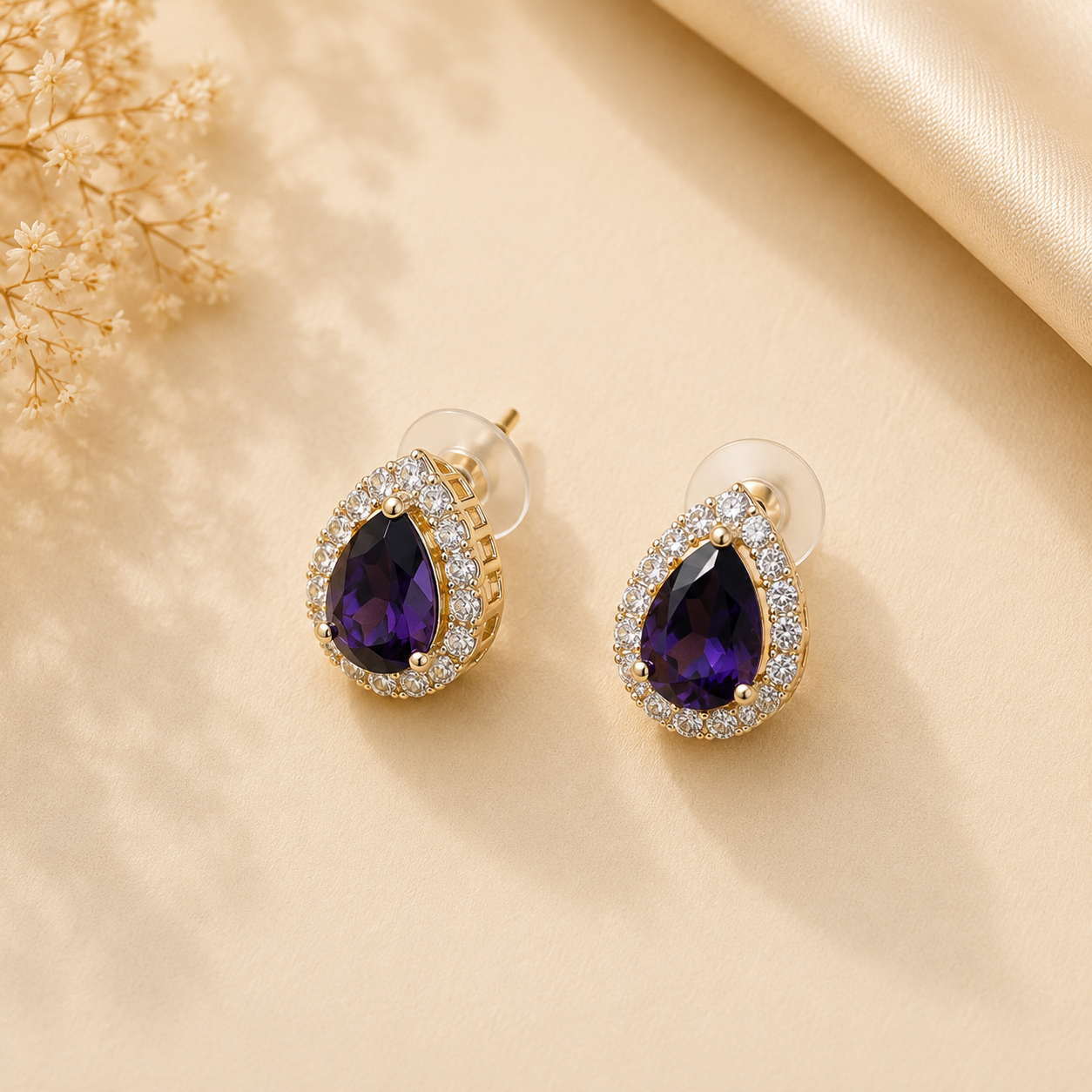 Gold Purple Crystal Stud Earrings
