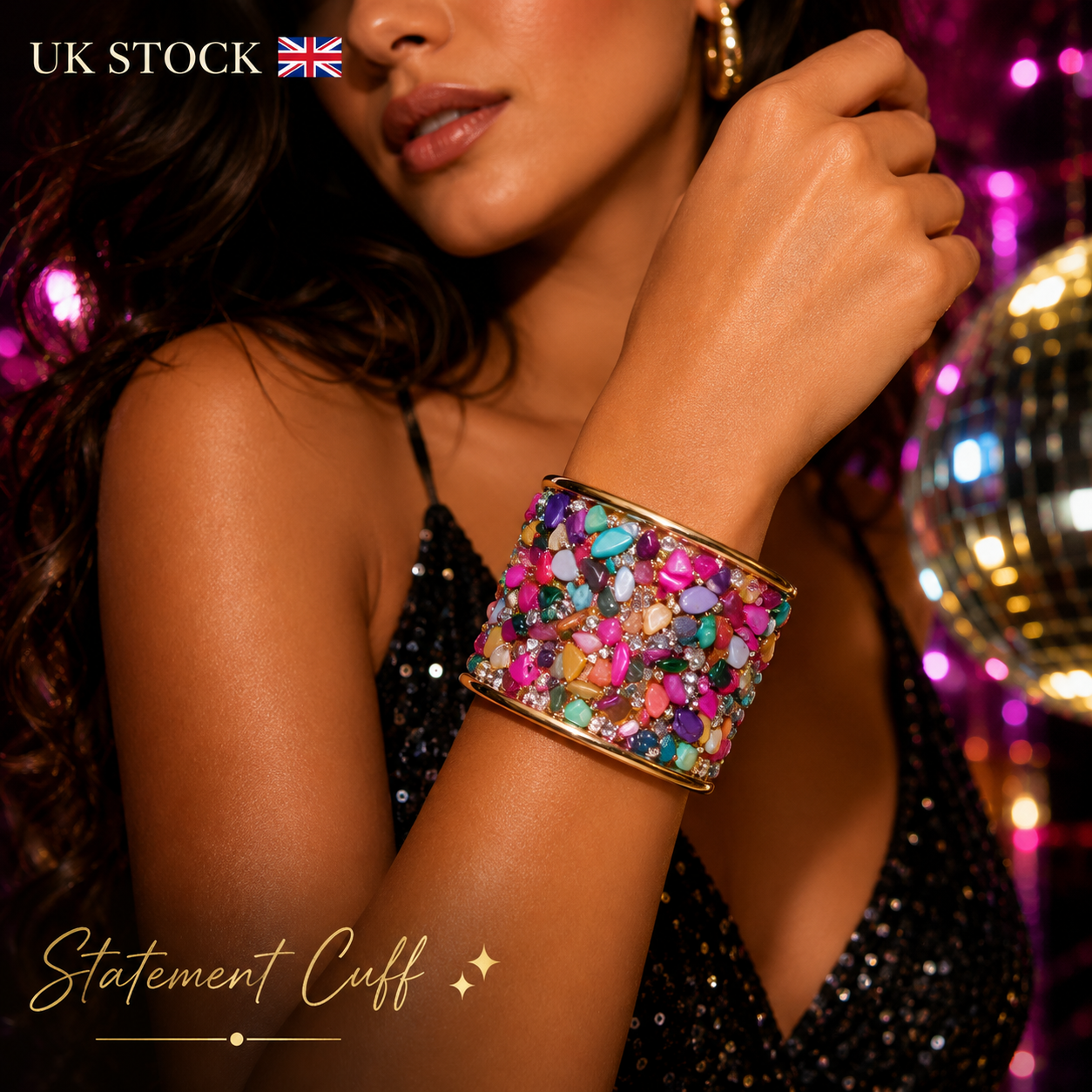 Luxury Stone Cuff Bracelet | Statement Wide Bangle | UK Stock