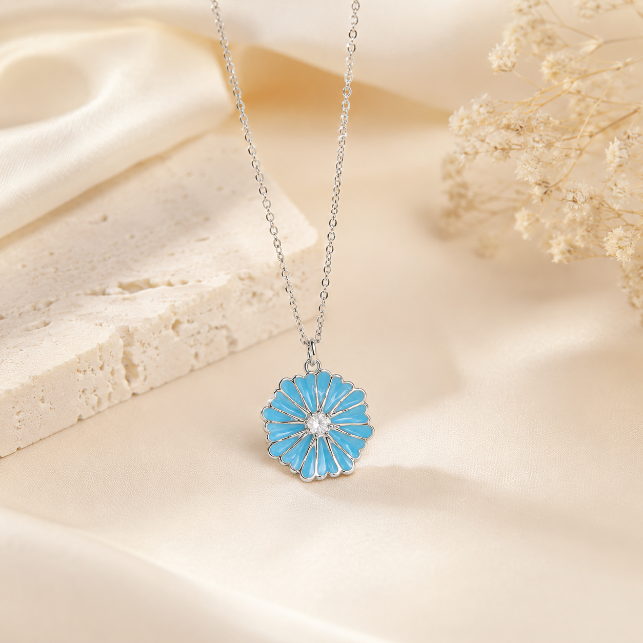 Blue Bloom Flower Pendant Necklace