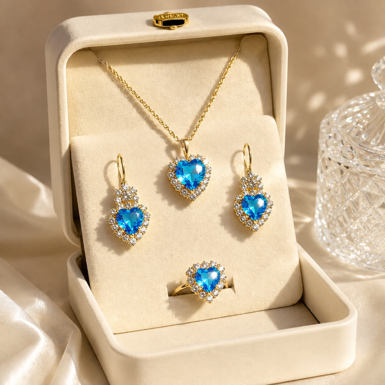 Blue Crystal Heart Jewellery Set