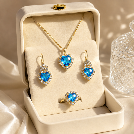Blue Crystal Heart Jewellery Set
