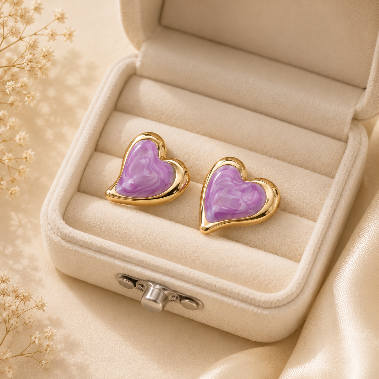 Gold Purple Heart Stud Earrings