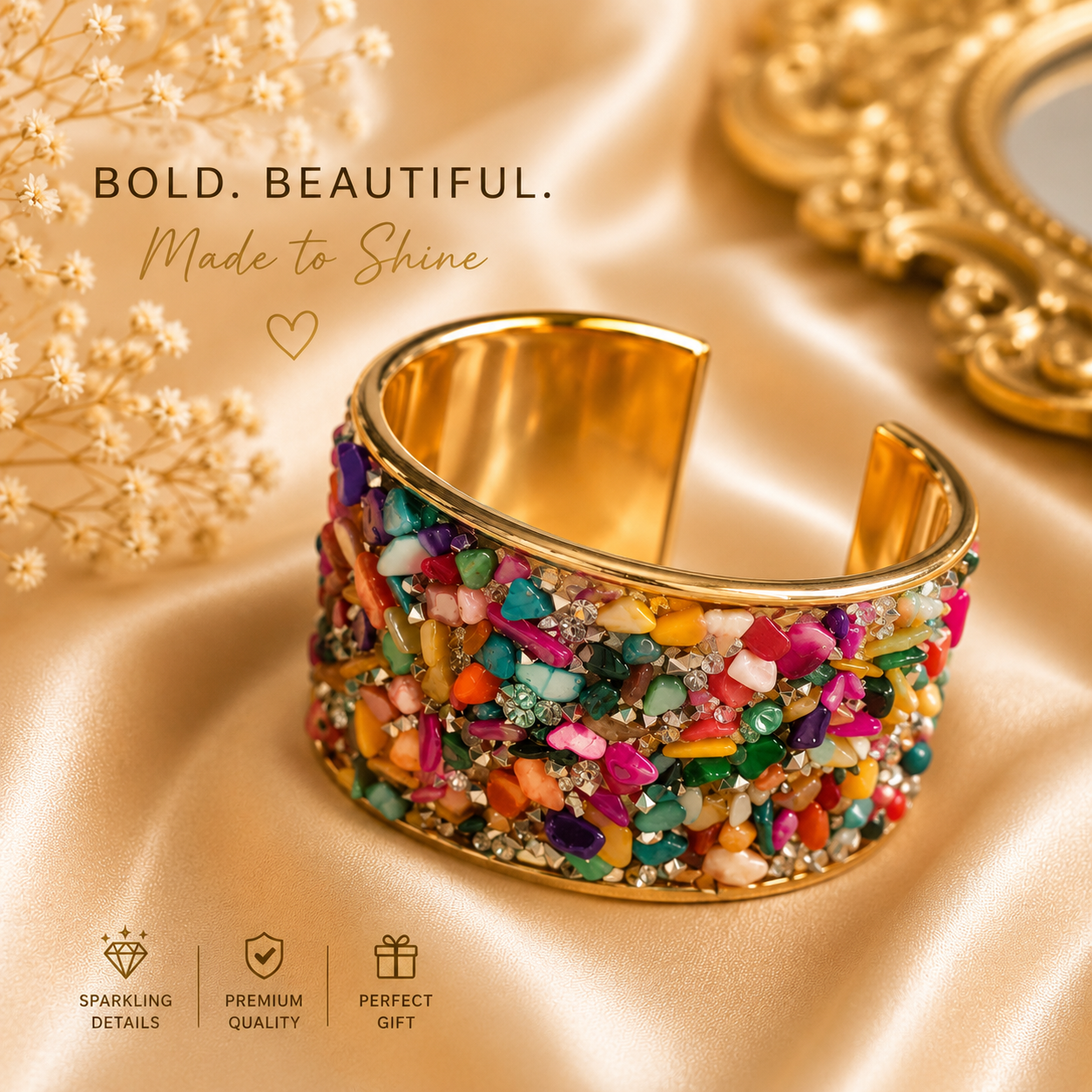 Luxury Stone Cuff Bracelet | Statement Wide Bangle | UK Stock