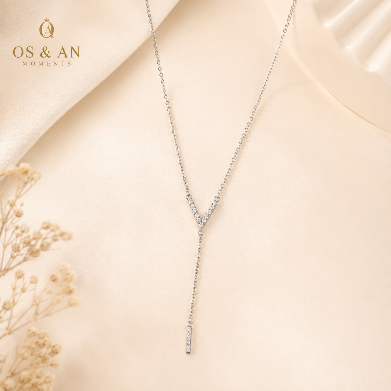 Silver Crystal V Drop Necklace