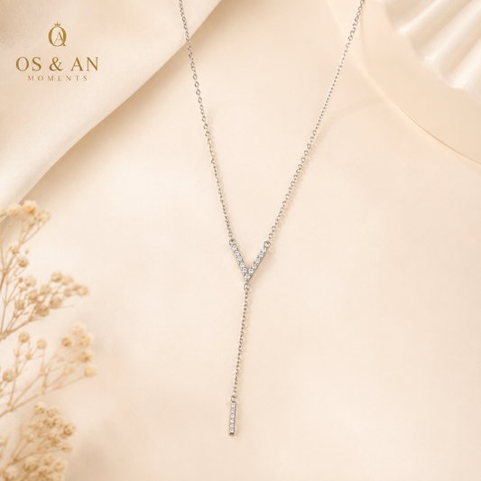 Silver Crystal V Drop Necklace